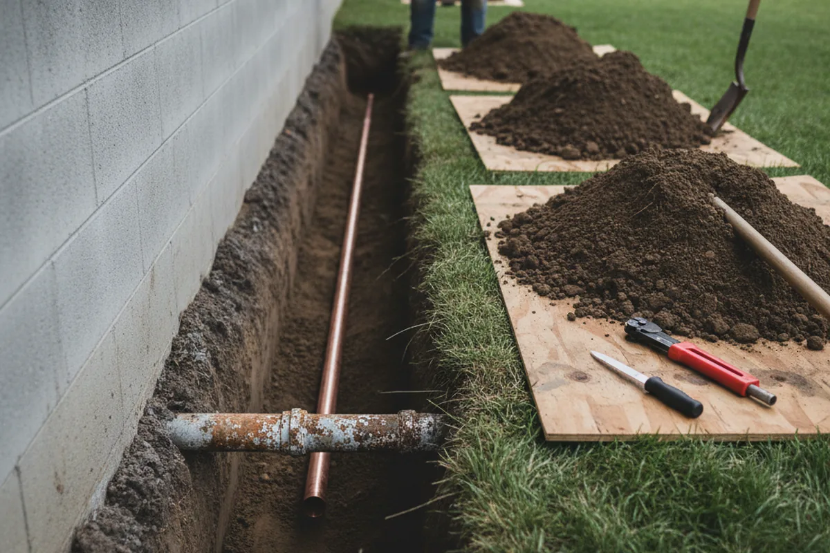 Excavated water line trench during Water Softener Installation in Canaan